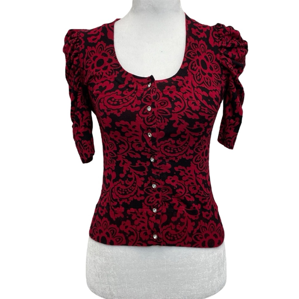 INC International Concepts Y2K Red & Black Floral Jewel Button Cardigan